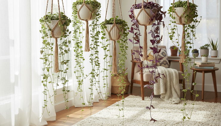 Eye-level view of colourful trailing plants near a bright window.
