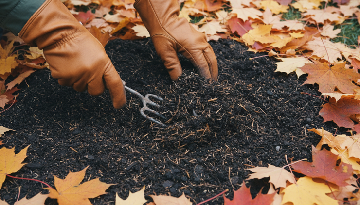Close-up view of aged manure being mixed into a fall garden bed