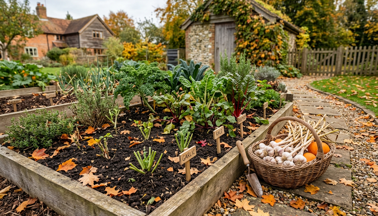 Wide-angle view of a small garden bed prepared for planting garlic in autumn.