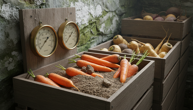 Close-up of a thermometer and humidity gauge beside stored carrots in damp sand