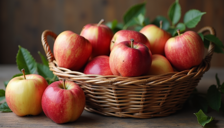 Eye-level view of a basket filled with mixed apple varieties