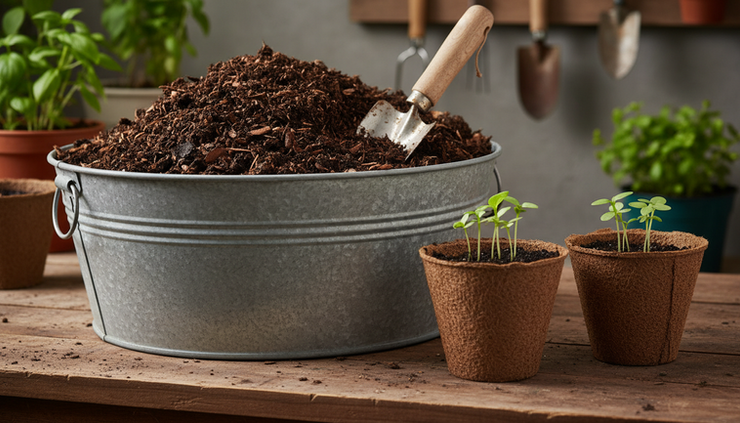 Close-up of finished compost with a small hand trowel and young green seedlings.
