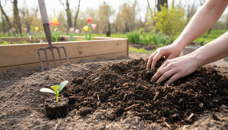 Close-up view of hands mixing compost into a pumpkin planting mound.