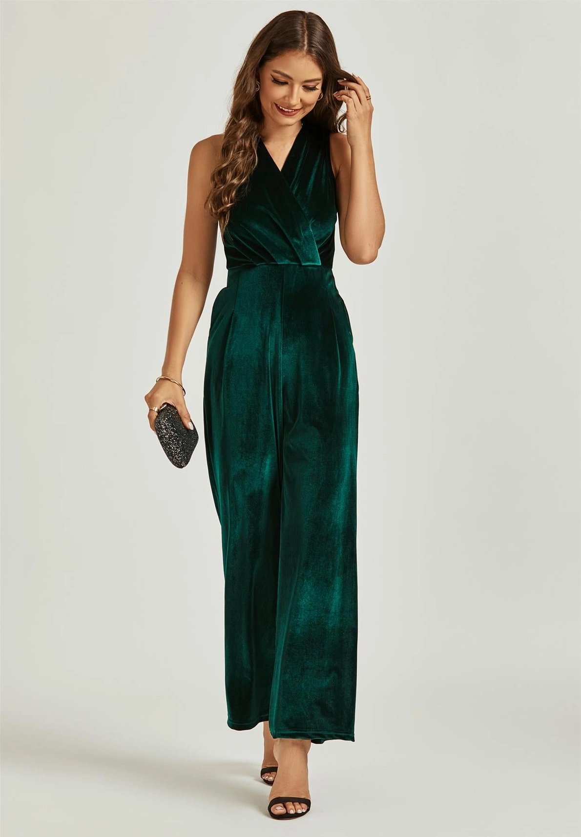 Thumbnail: Dark Green Velvet Formal Jumpsuit