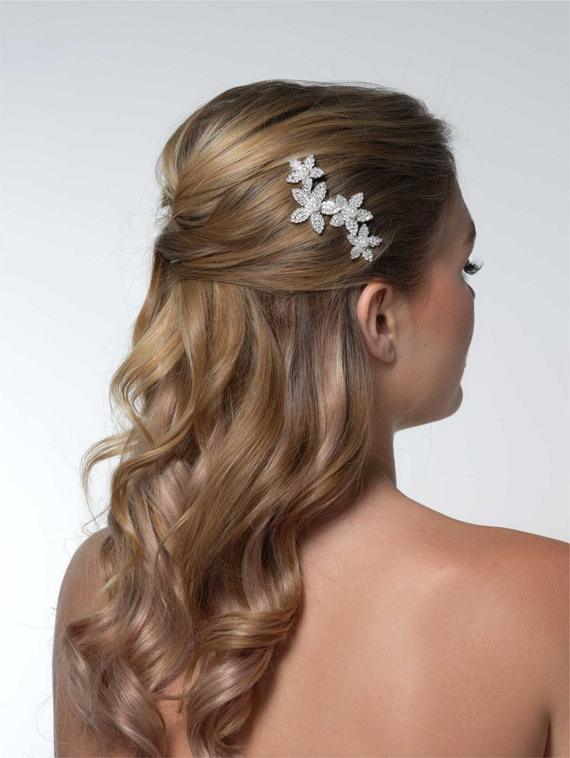 Thumbnail: Silver Flower and Pearl Diamanté Bridal Hair Comb BB-233