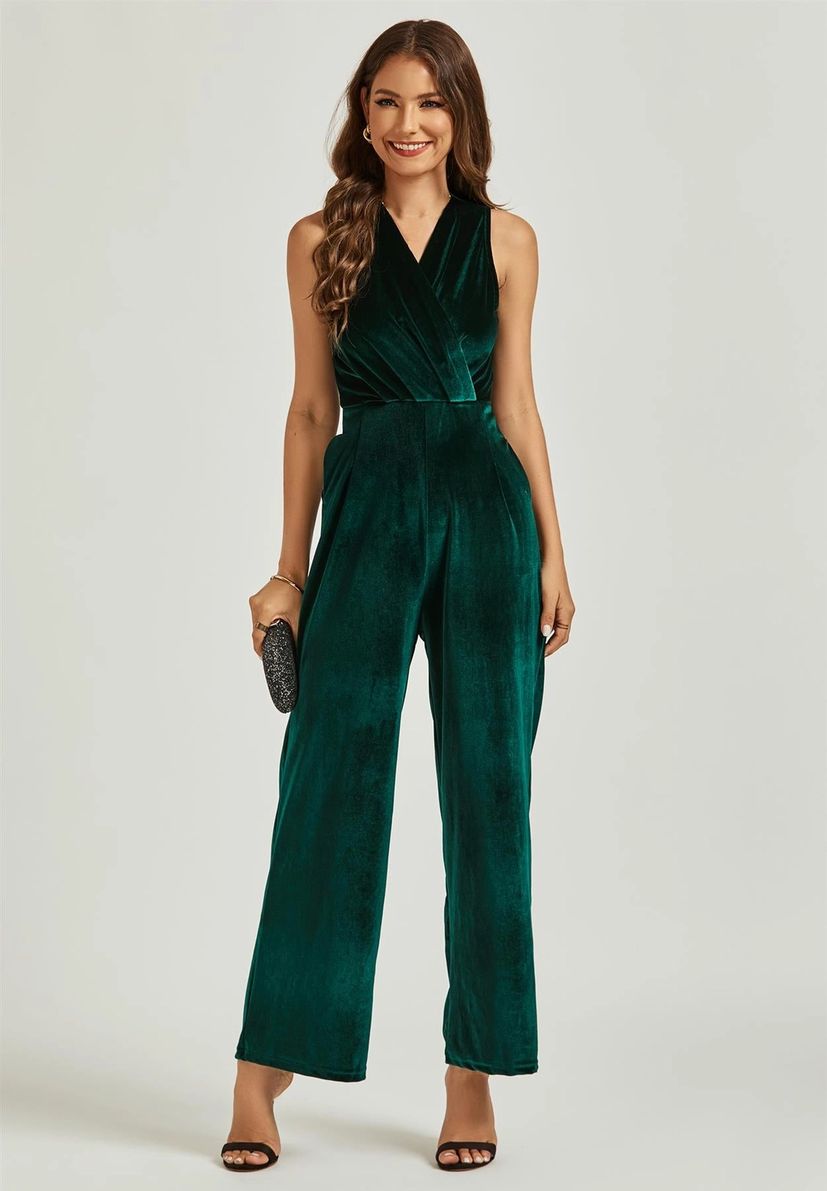 Dark Green Velvet Formal Jumpsuit