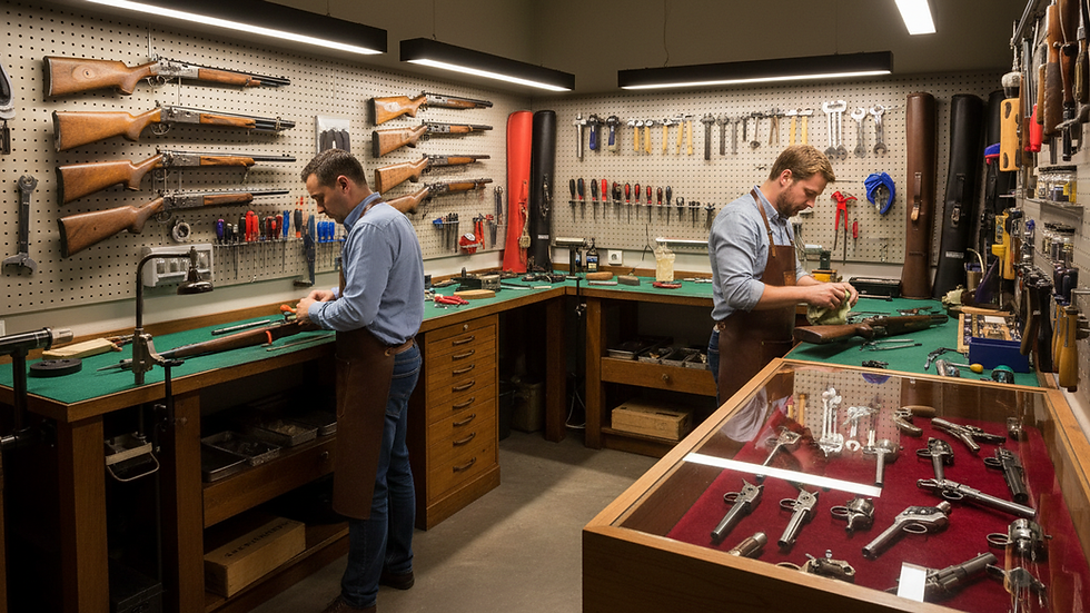Eye-level view of a gunsmith workshop with firearms and tools neatly arranged