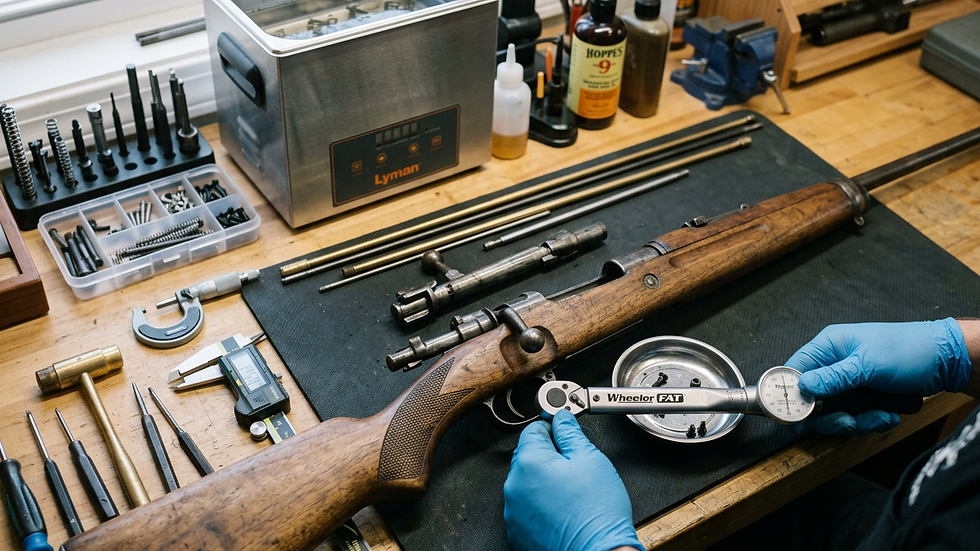 Eye-level view of a vintage rifle undergoing restoration on a gunsmith’s bench