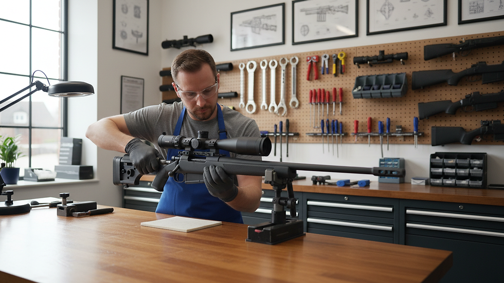 Eye-level view of a gunsmith working on mounting a rifle scope