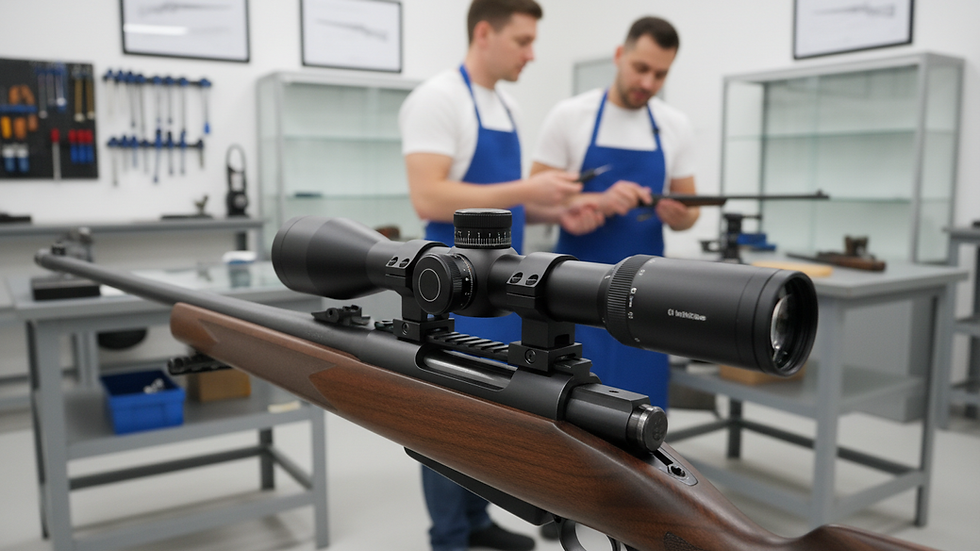 Close-up view of rifle scope mounted on a hunting rifle