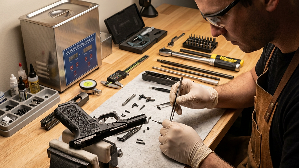 Eye-level view of a gunsmith installing a precision trigger on a handgun