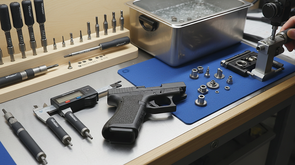 Eye-level view of a Glock pistol on a workbench