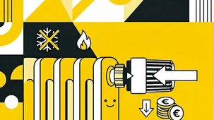 Illustrazione grafica in stile flat design nei colori giallo, nero e bianco. Al centro un termosifone stilizzato con una valvola termostatica in primo piano. Lo sfondo presenta forme geometriche moderne, icone di un fiocco di neve barrato, una fiamma e monete con il simbolo dell'Euro, a simboleggiare il risparmio energetico e l'efficienza termica in condominio.