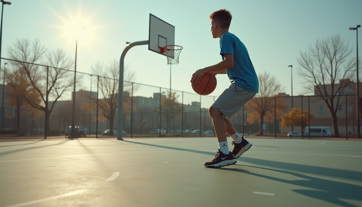 Eye-level view of a basketball court with a single player practicing alone