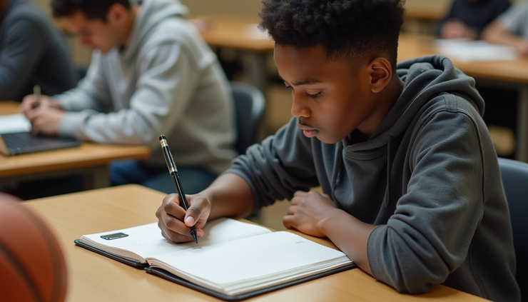 High angle view of a student athlete writing goals in a journal