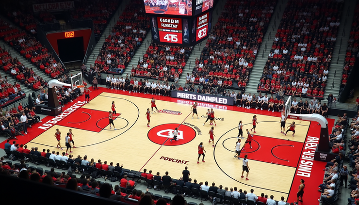 High angle view of a Canadian university basketball game in progress with players competing intensely