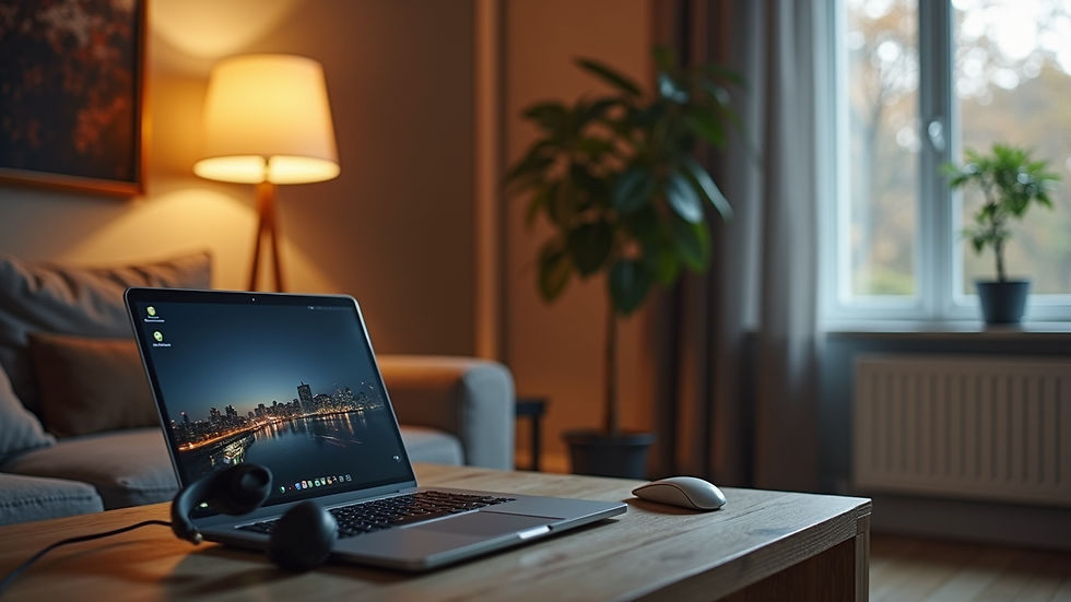 Wide angle view van een woonkamer met laptop en koptelefoon klaar voor online luisteren