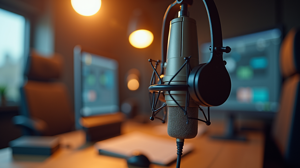 Eye-level view van een radiostudio met microfoon en koptelefoon
