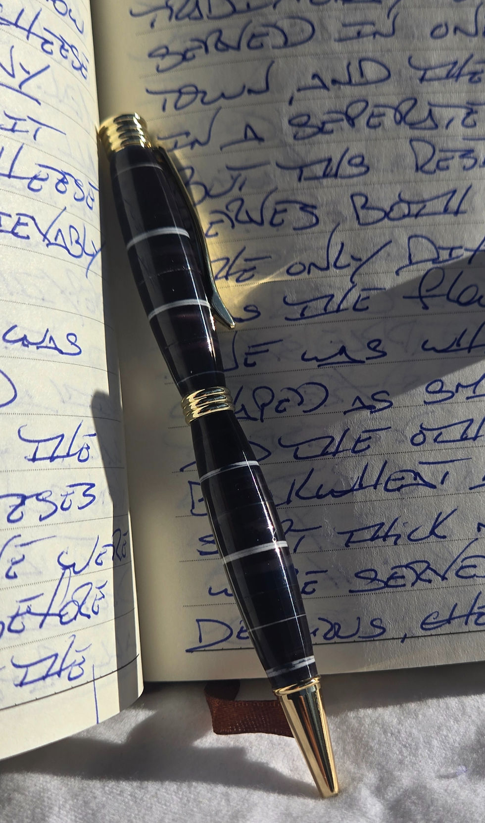 Black, blue and silver pen on open journal with writing on the pages