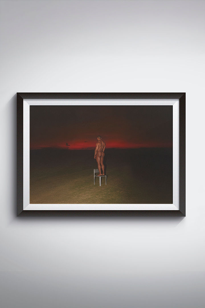 A nude figure stands on a chair facing a dark landscape with a vivid red horizon. The scene is contemplative and surreal.