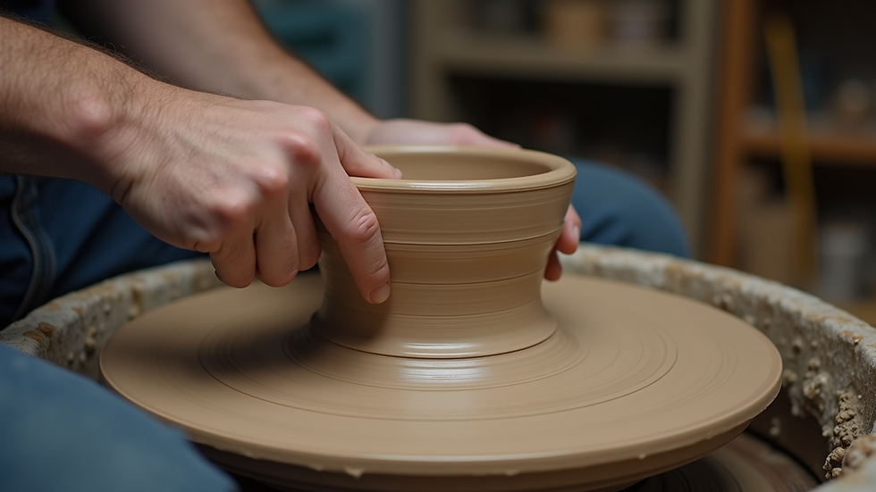 Close-up view of a potter’s hands shaping a clay bowl on a wheel