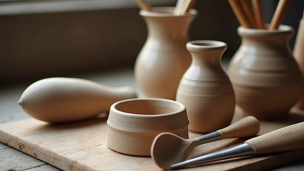 Close-up view of pottery tools arranged on a wooden table
