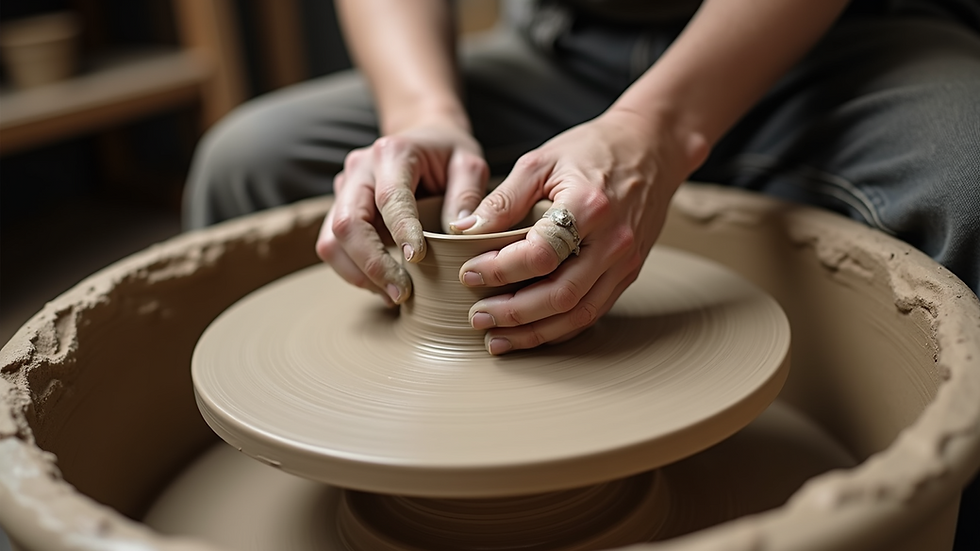 Eye-level view of a pottery wheel with clay being shaped