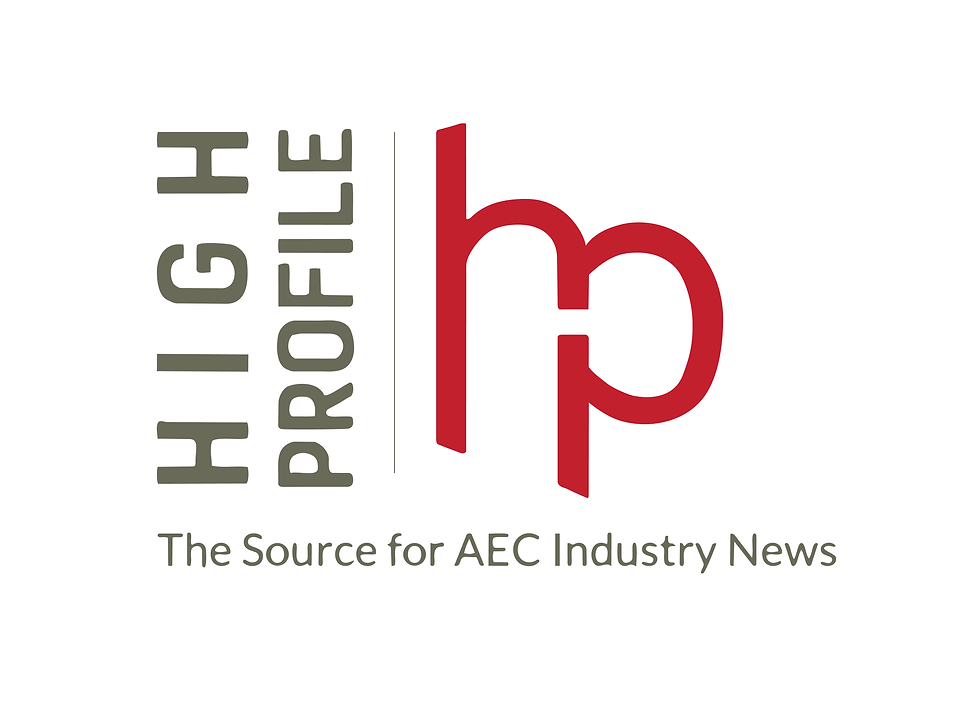 The High Profile logo, featuring the words "High Profile" on the left in a dark gold with vertical text. A red "h p" connected together in red on the right. The words "The source for AEC Industry News" written in the same gold below. 