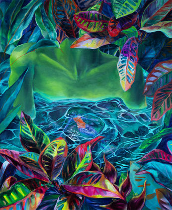 Surrealist painting of a women swimming at night in a tropical spring. The bust of a green figure appears like a stone in the water. Bright red-orange crotons surround the spring.