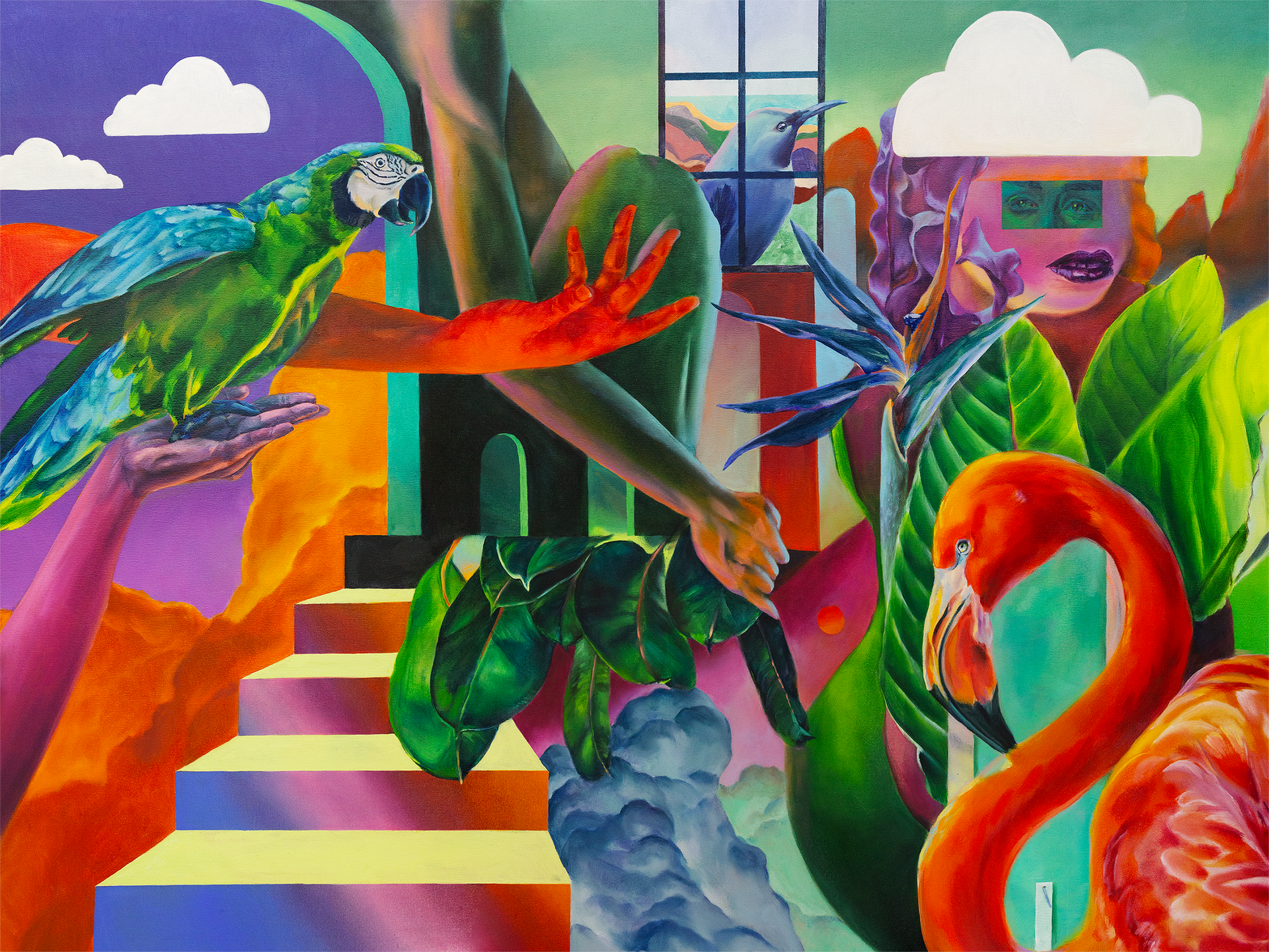 Surrealist painting. Left: hand holding a green parrot in front of a purple sky with bright orange clouds below and minimalist white clouds above. Middle: stairs leading to a dark figure sitting with two archways. Dark green rubber plant leaves sit below. To the right of the stairs are blue and green clouds. In the sky is a window to a blue bird with a minimalist background. Right: Pink and green figure with purple lips. small rectangle cut out of green eyes in the middle. In front of this figure is bird of paradise leaves, a teal pool, and a flamingo facing to the left. Above the figure is a white minimalist cloud. Behind the figure is a green sky with orange pointy mountains and a blue ground.