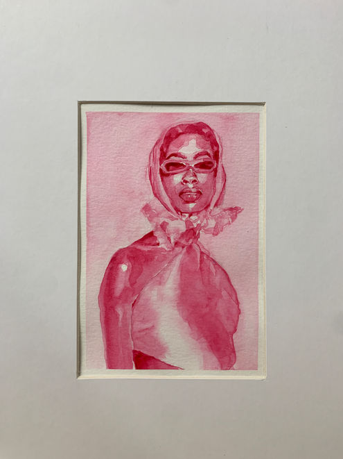 watercolor on paper. Black woman painted in all dark pink, with a mat border