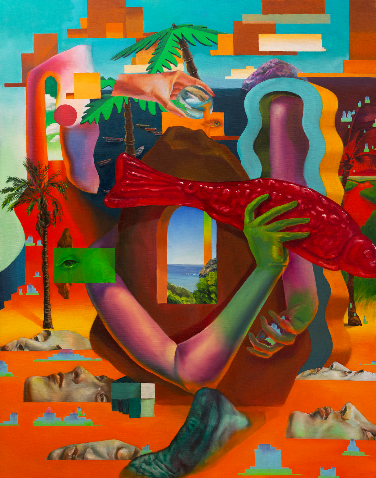 Surrealist painting. Foreground: five faces suspending in orange water. A large figure shaped like an arrowhead sits in the center. Around this figure are two green hands with purple arms. One hand is holding a glowing block of teal with the other is holding a massive swedish fish candy. in the center of the figure is an archway window looking out into a sea with a blue sky. from the top of the sky is a beam of light that begins yellow and turns orange. Background: lego trees with a placid dark teal sea. Small fishing boats on the sea. Orange square clouds are suspended in the aqua sky. to the very right of the painting is a scene of marshes.  