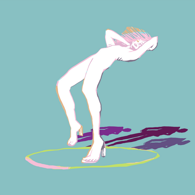 Digital artwork of a nude woman with heels backbending in the middle of a circle. There are dark purple shadows behind her. The background is a medium teal