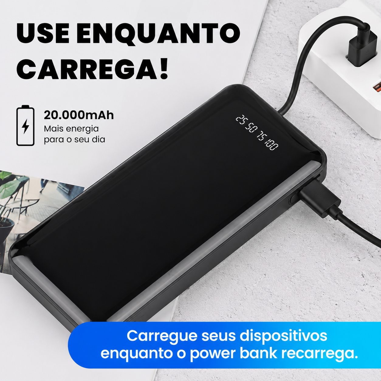 Power Bank 20.000mAh com Cabos Integrados