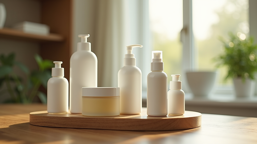 Eye-level view of a collection of wellness products on a wooden table