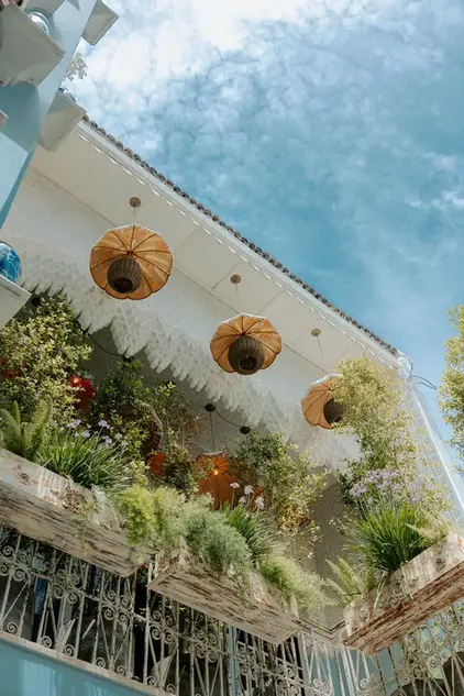 Vue aérienne de la terrasse de la Villa Aaron à Marrakech, ornée d'une végétation luxuriante et de lampes parasol emblématiques sous un ciel bleu