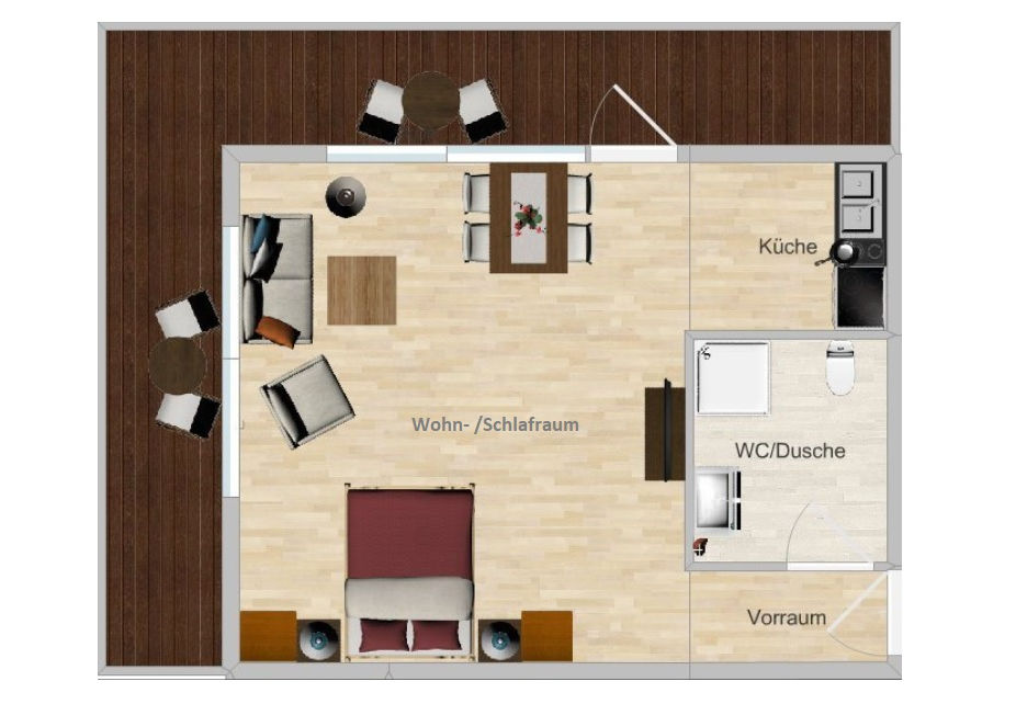 Grundriss Gemütliches Wohnzimmer mit Panoramafenster und Bergblick – Alpenland Appartements am Achensee.