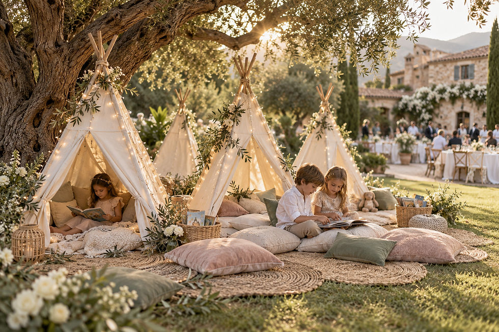 Children's chillout with teepee tents and fairy lights at a wedding