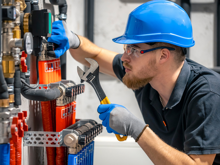 An experienced plumber in a blue hard hat is adjusting pipes with a wrench.