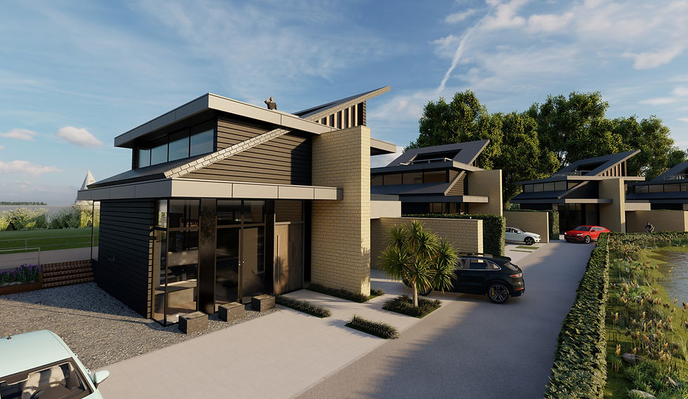 Modern villa's exterior, three houses, black and beige design, parking with cars, trees, and sky