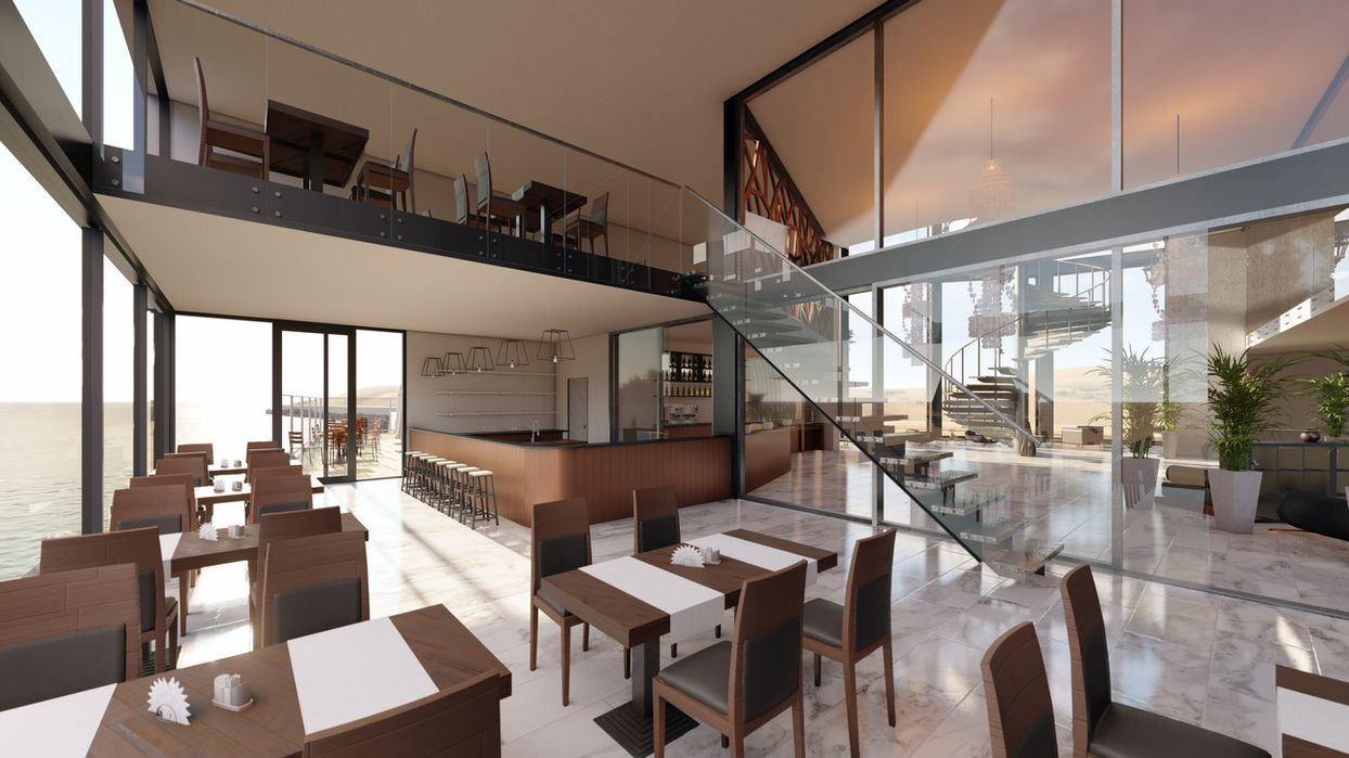 Interieur van een restaurant met tafels en stoelen, terras en uitzicht. Vrpv