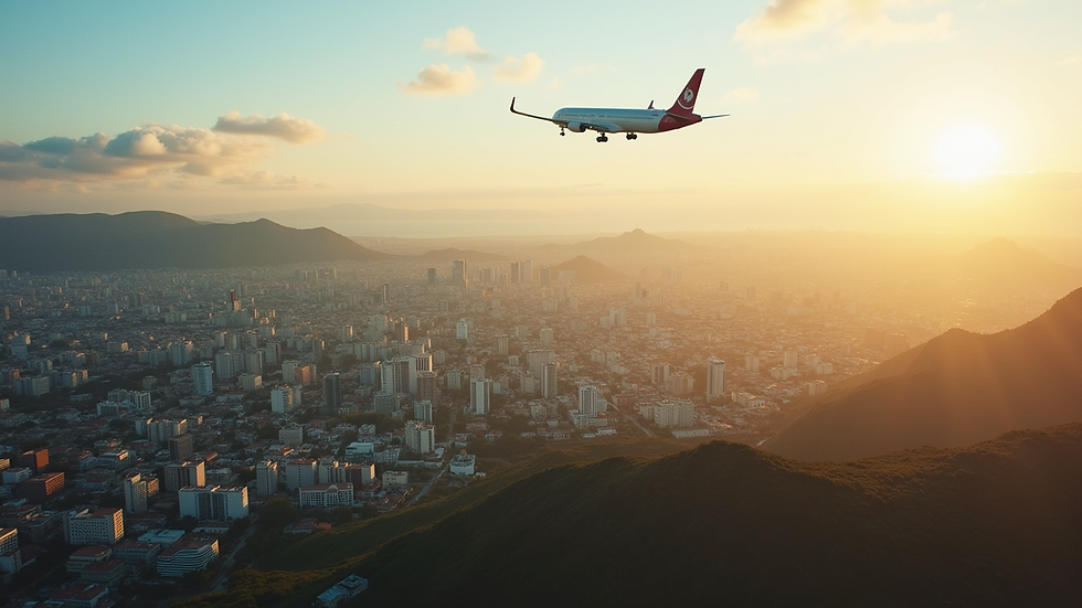 Vista aérea de jato privado em voo sobre a cidade