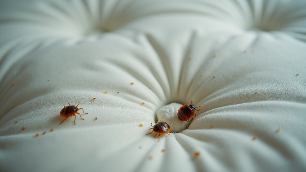 Eye-level view of mattress corner with bed bug eggs and shed skins