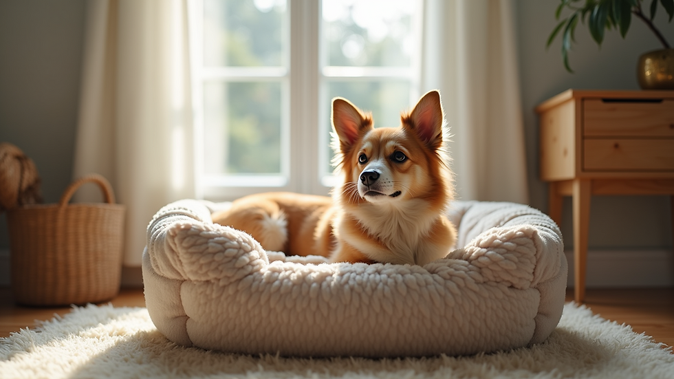 Eye-level view of a cozy dog bed in a quiet corner of a room