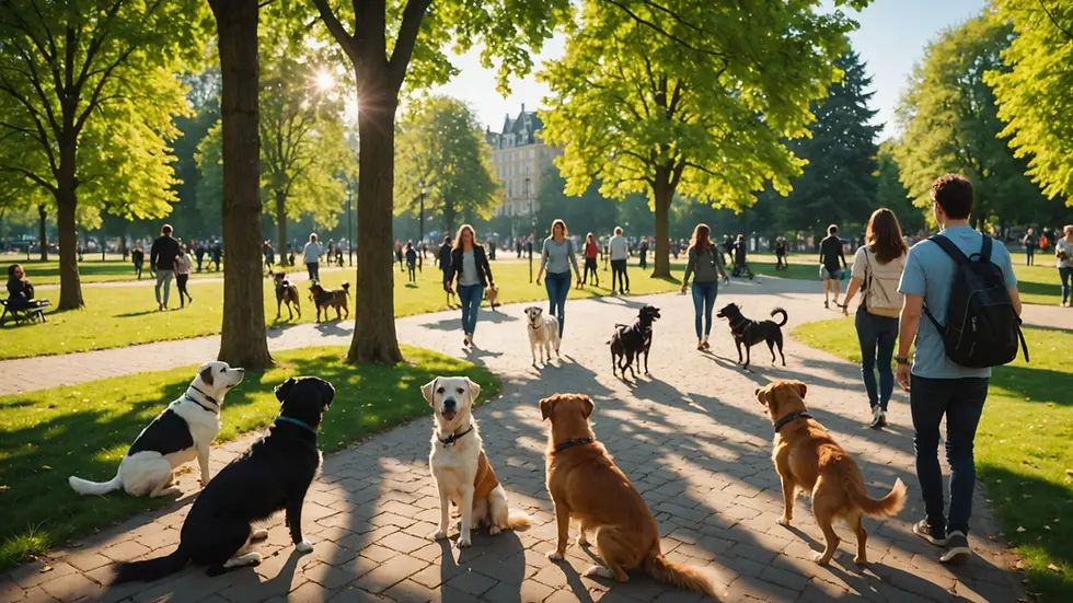 Wide angle view of a busy park filled with dogs and their owners enjoying a sunny day
