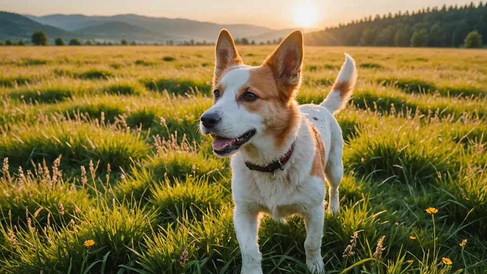Wide angle view of a dog playing in a meadow