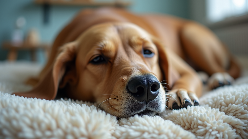 Close-up view of a dog resting comfortably on a soft bed inside a daycare facility