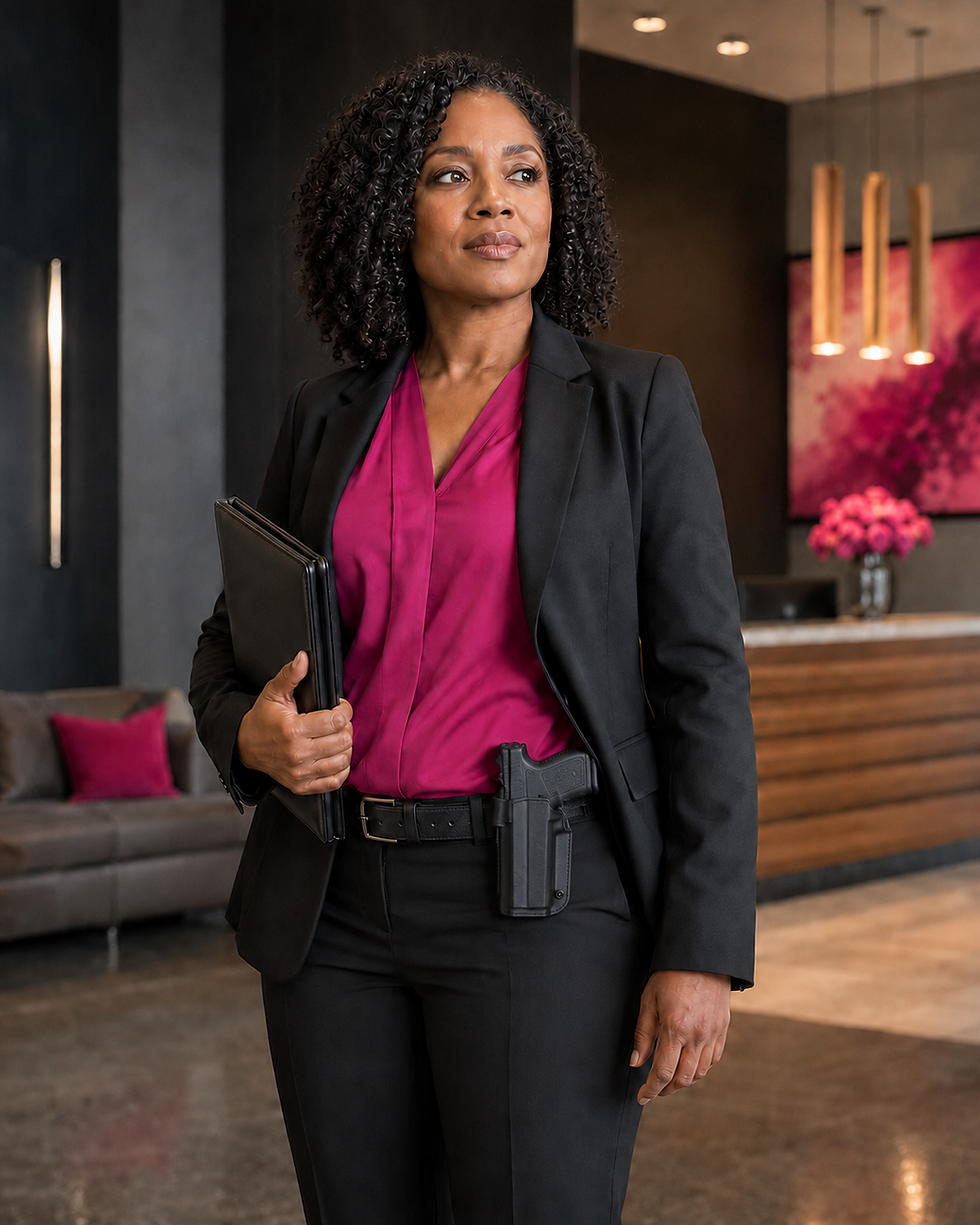 Woman in a suit with a holstered firearm, 3rd Eye Watching.