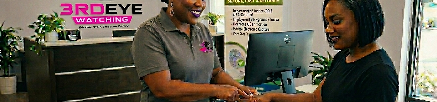a woman getting fingerprinted by a female employee