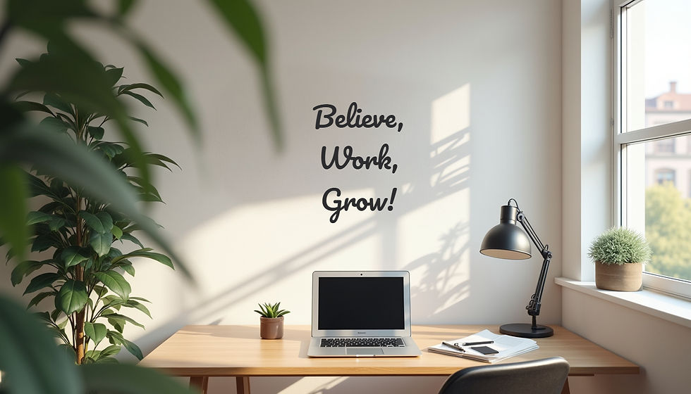 Eye-level view of a serene workspace with a motivational quote on the wall